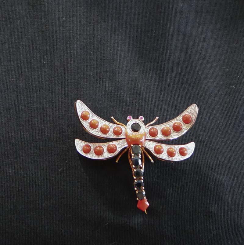 Women's Coral, Sapphires, Rubies, Diamonds, Rose Gold and Silver Brooch. For Sale