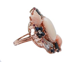 Coral, Sapphires, Rubies, Diamonds, Rose Gold and Silver Ring.