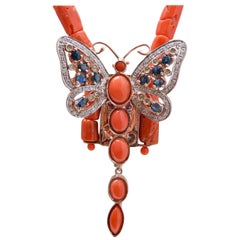 Coral, Sapphires, Rubies, Emeralds, Diamonds, Gold and Silver Necklace/ Brooch