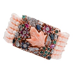 Coral, Sapphires, Rubies, Emeralds, Diamonds, Rose Gold and Silver Bracelet.