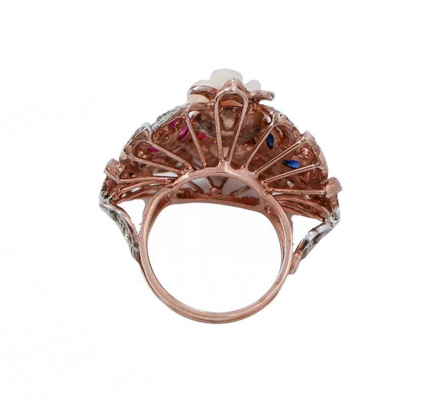 Retro Coral, Sapphires, Rubies, Emeralds, Diamonds, Rose Gold and Silver Ring. For Sale