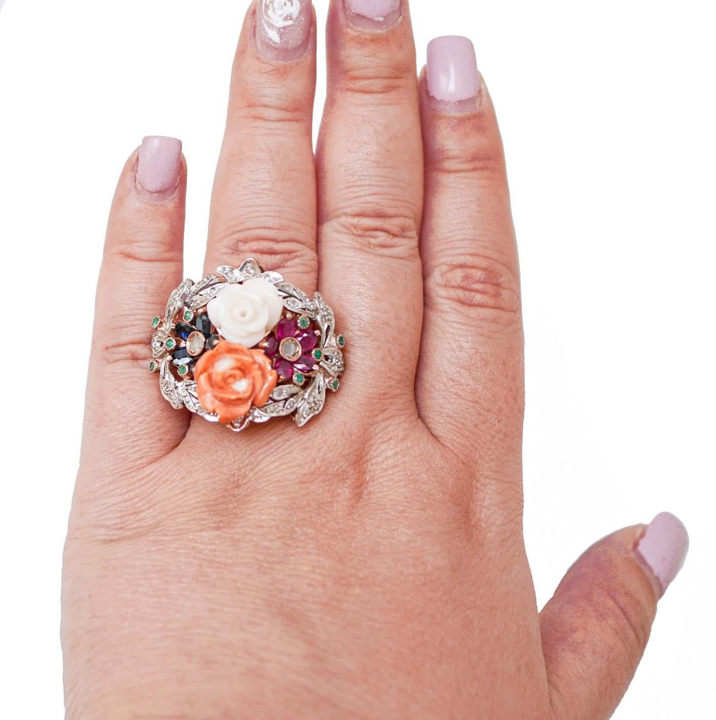 Mixed Cut Coral, Sapphires, Rubies, Emeralds, Diamonds, Rose Gold and Silver Ring. For Sale