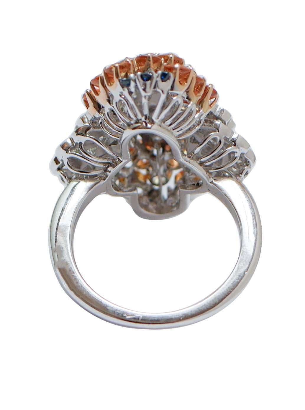 Retro Coral, Sapphires, Topazs, Diamonds, 14 Karat White Gold Ring. For Sale