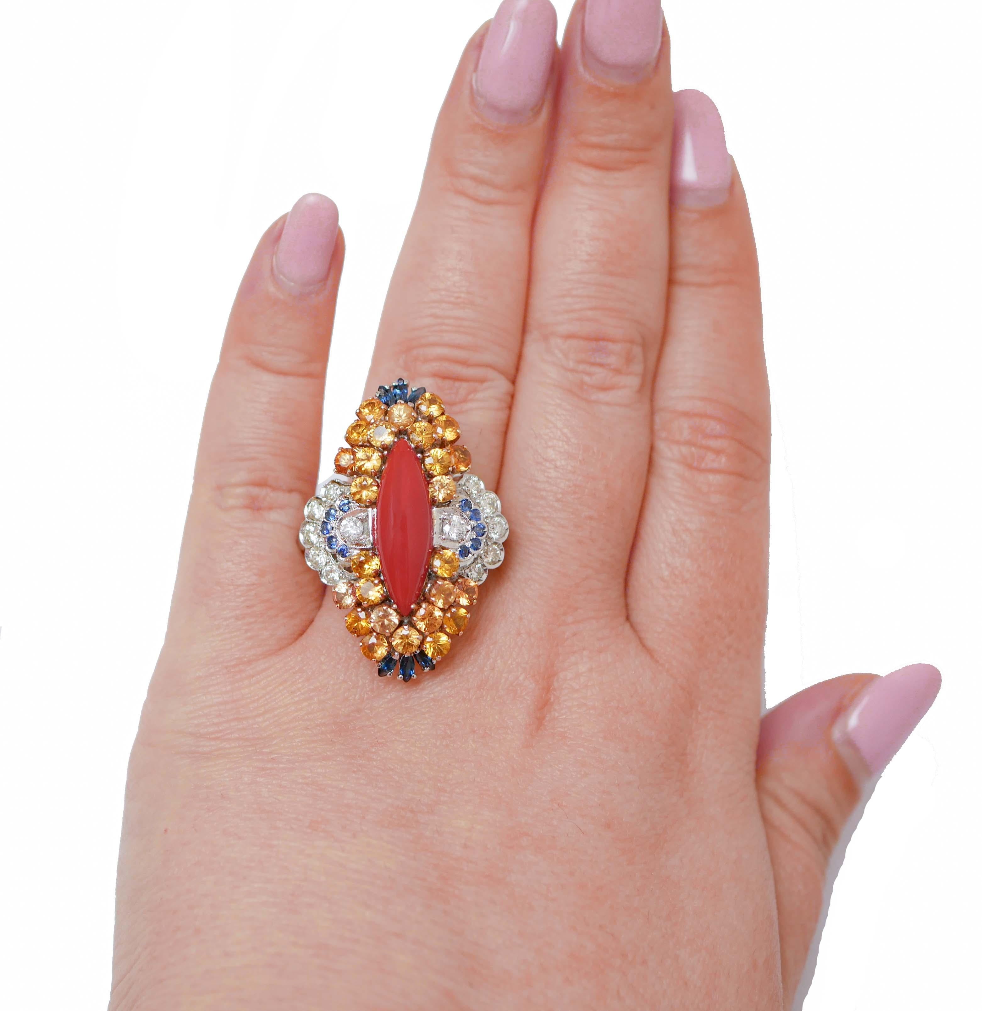 Mixed Cut Coral, Sapphires, Topazs, Diamonds, 14 Karat White Gold Ring. For Sale