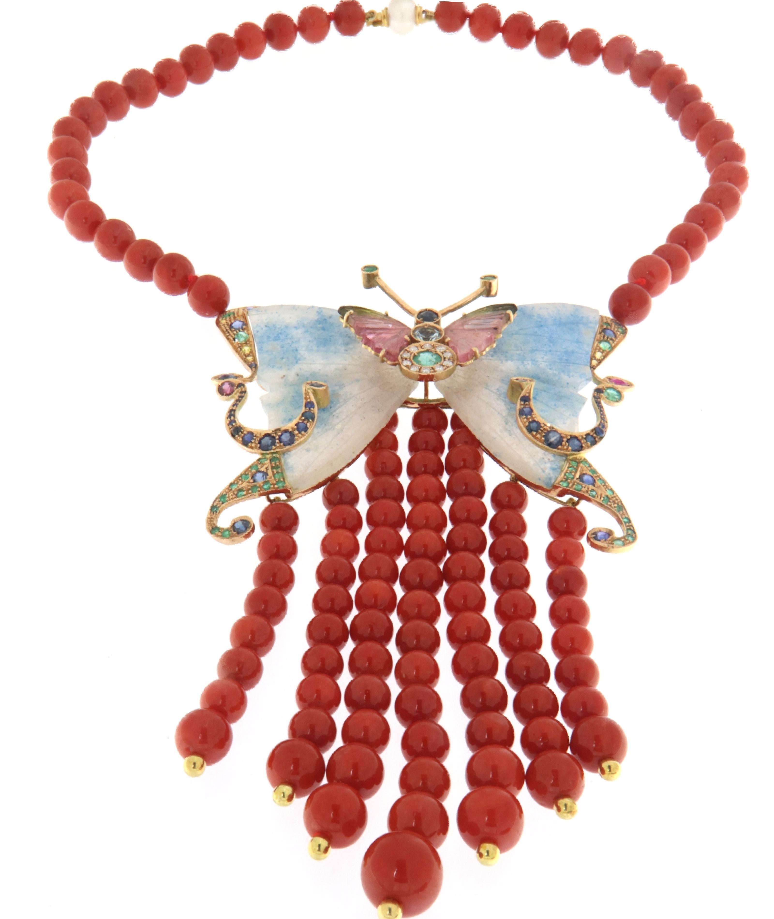 Collier pendentif en or jaune 14 carats corail saphirs tourmaline émeraudes rubis en vente 4
