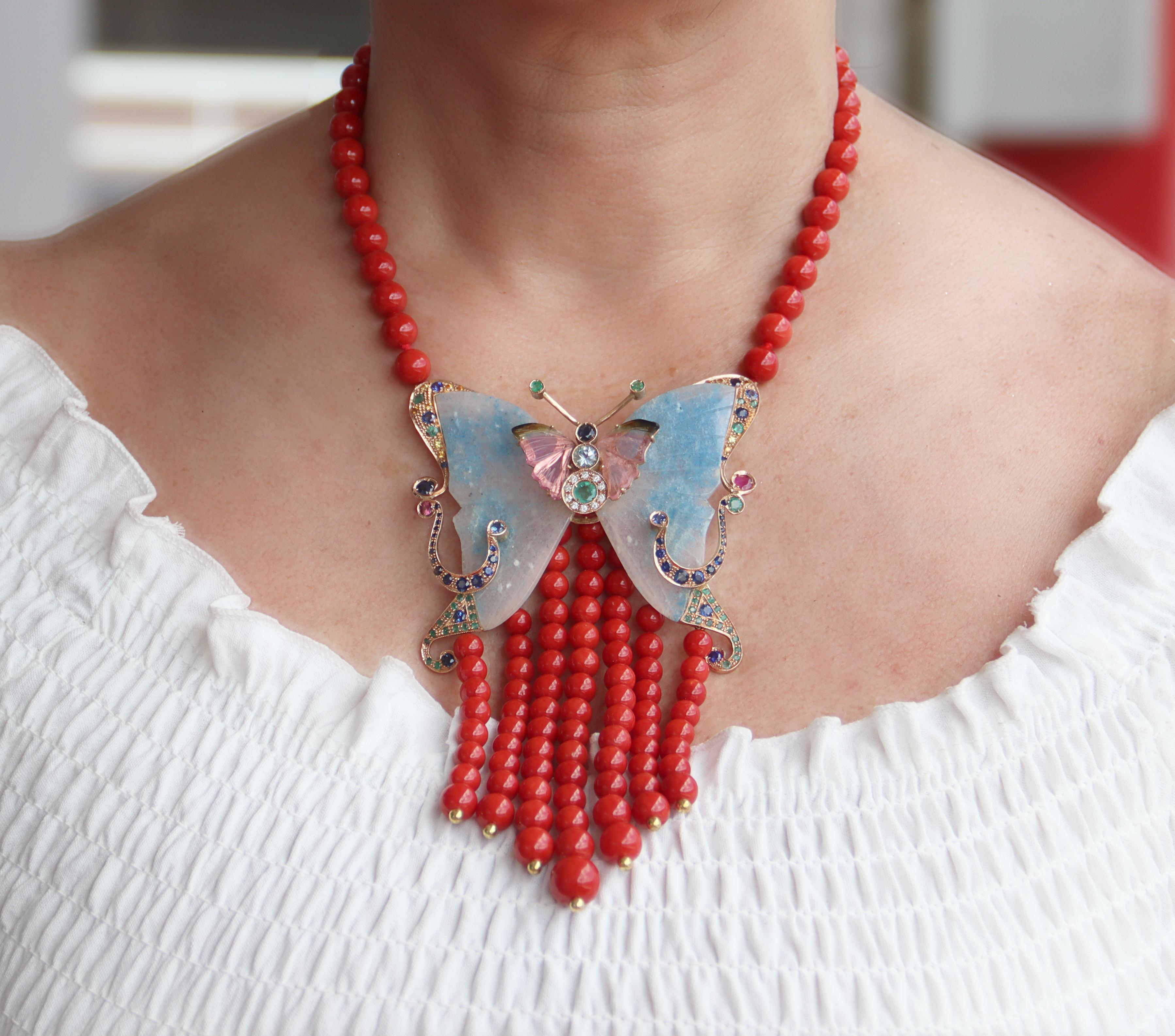 Collier pendentif en or jaune 14 carats corail saphirs tourmaline émeraudes rubis en vente 5