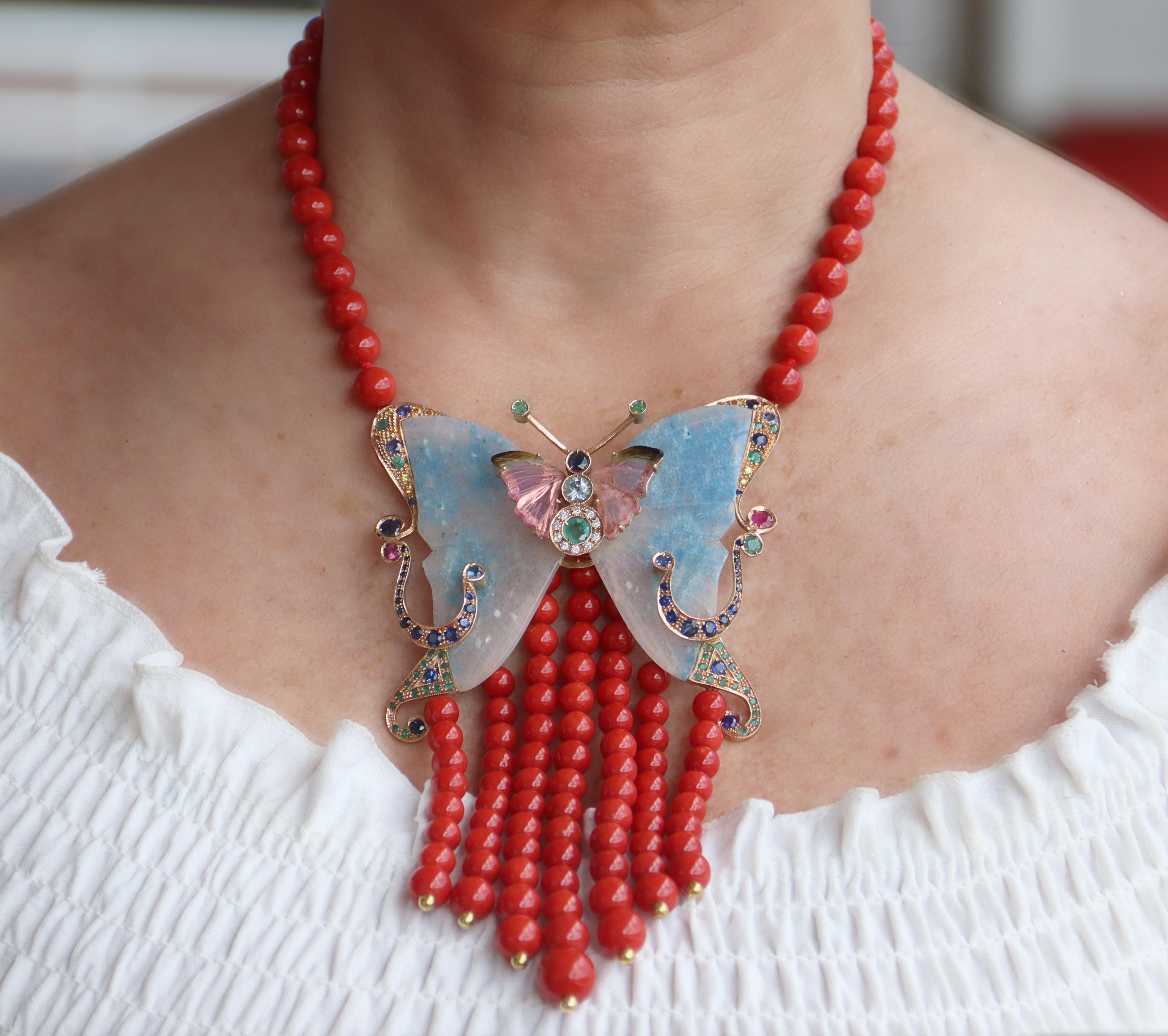 Collier pendentif en or jaune 14 carats corail saphirs tourmaline émeraudes rubis en vente 6