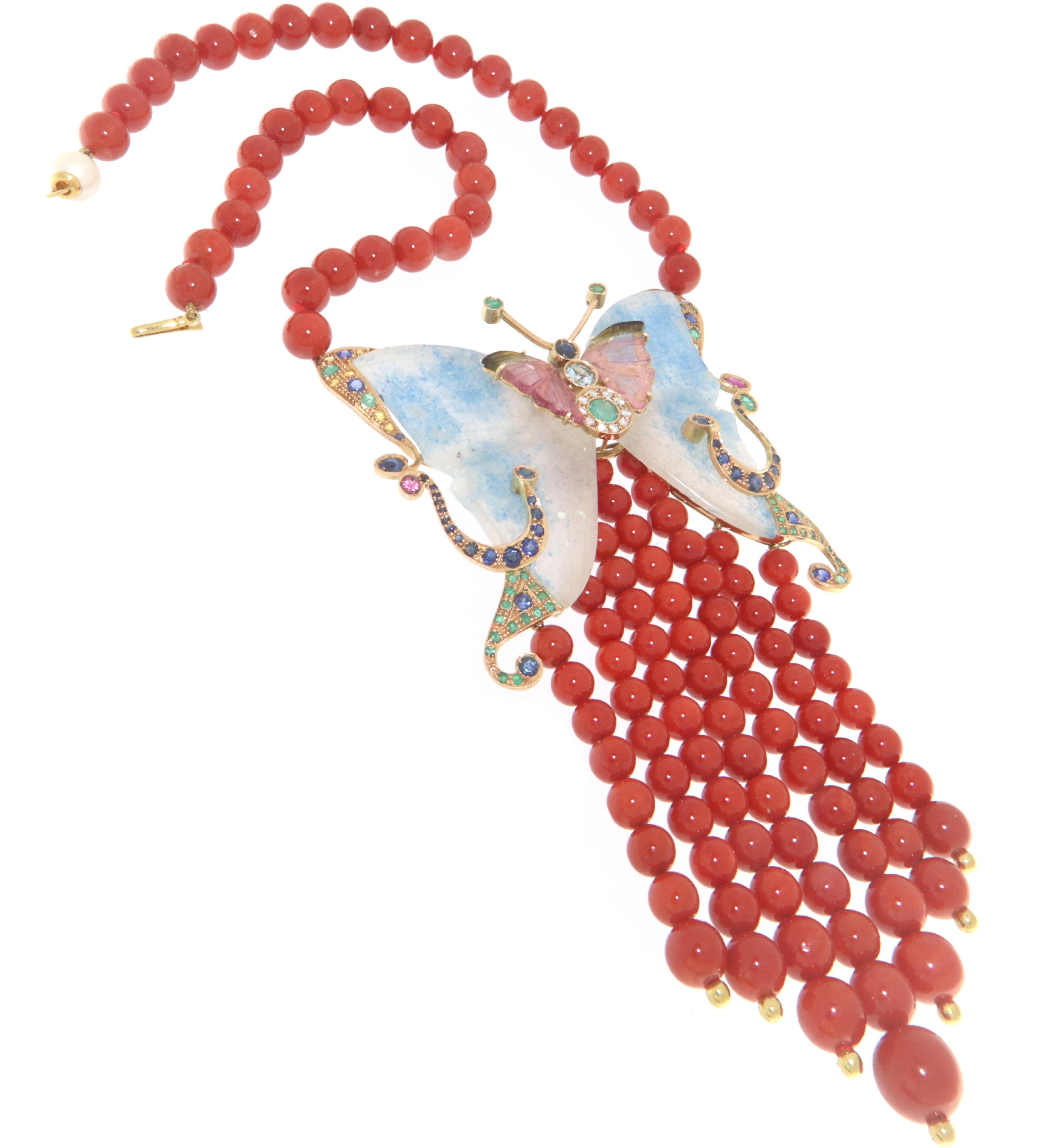 Taille mixte Collier pendentif en or jaune 14 carats corail saphirs tourmaline émeraudes rubis en vente