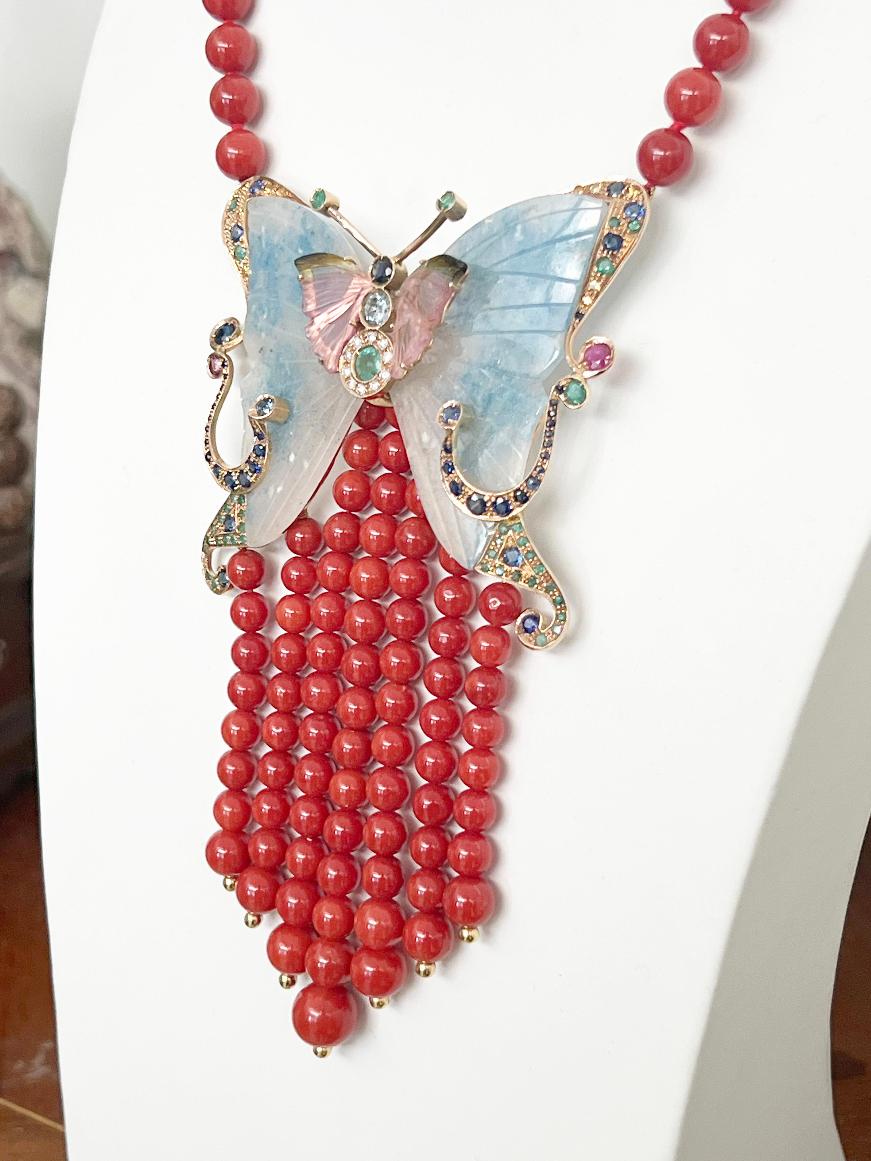 Collier pendentif en or jaune 14 carats corail saphirs tourmaline émeraudes rubis Neuf - En vente à Marcianise, IT
