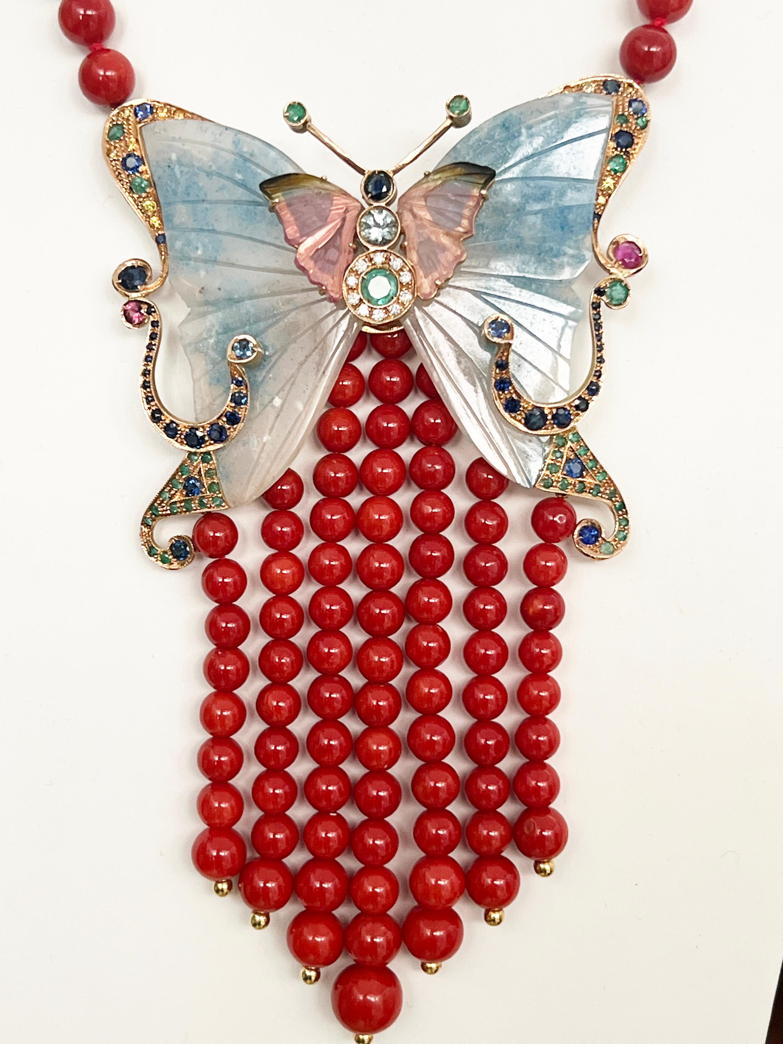Collier pendentif en or jaune 14 carats corail saphirs tourmaline émeraudes rubis Pour femmes en vente