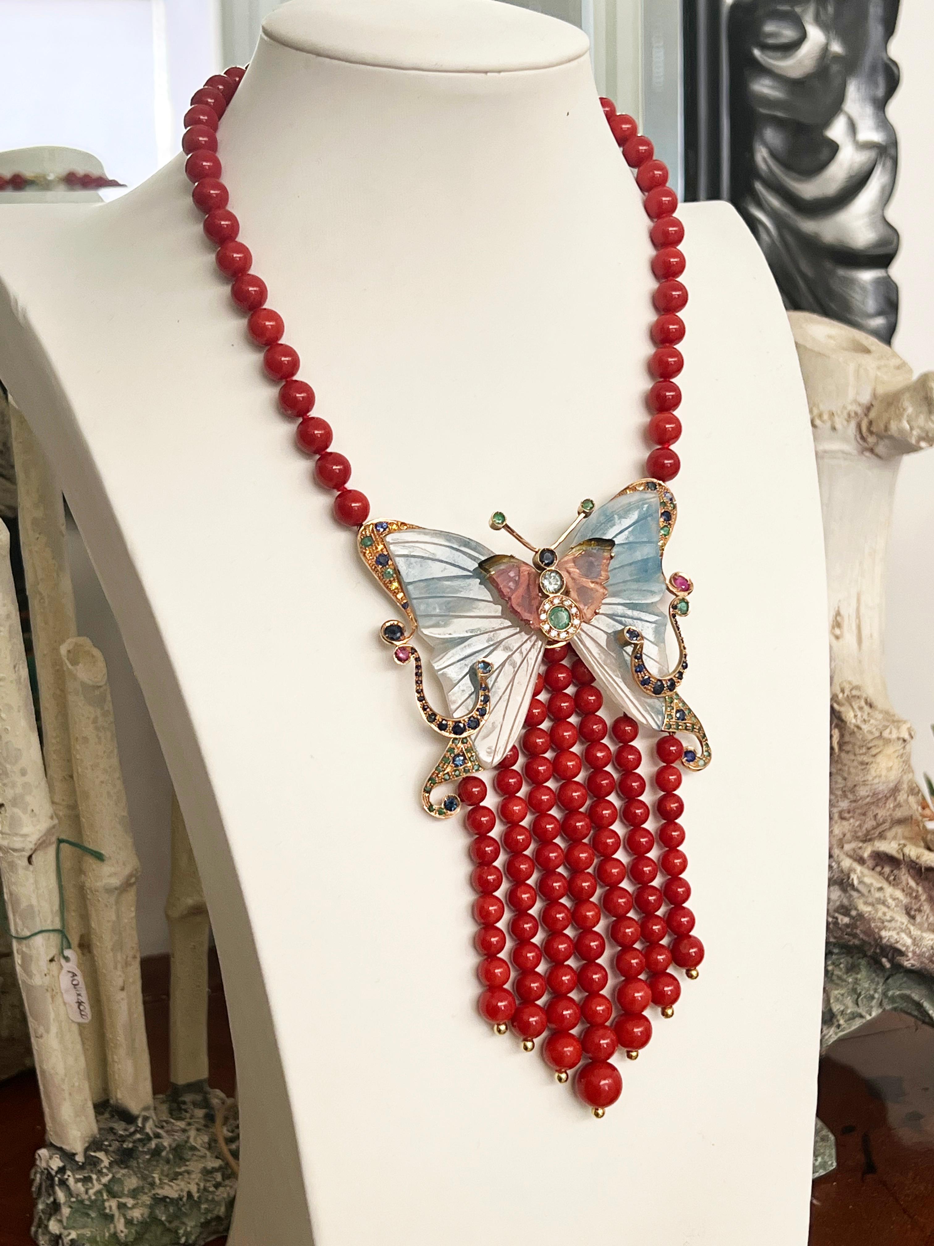 Collier pendentif en or jaune 14 carats corail saphirs tourmaline émeraudes rubis en vente 2