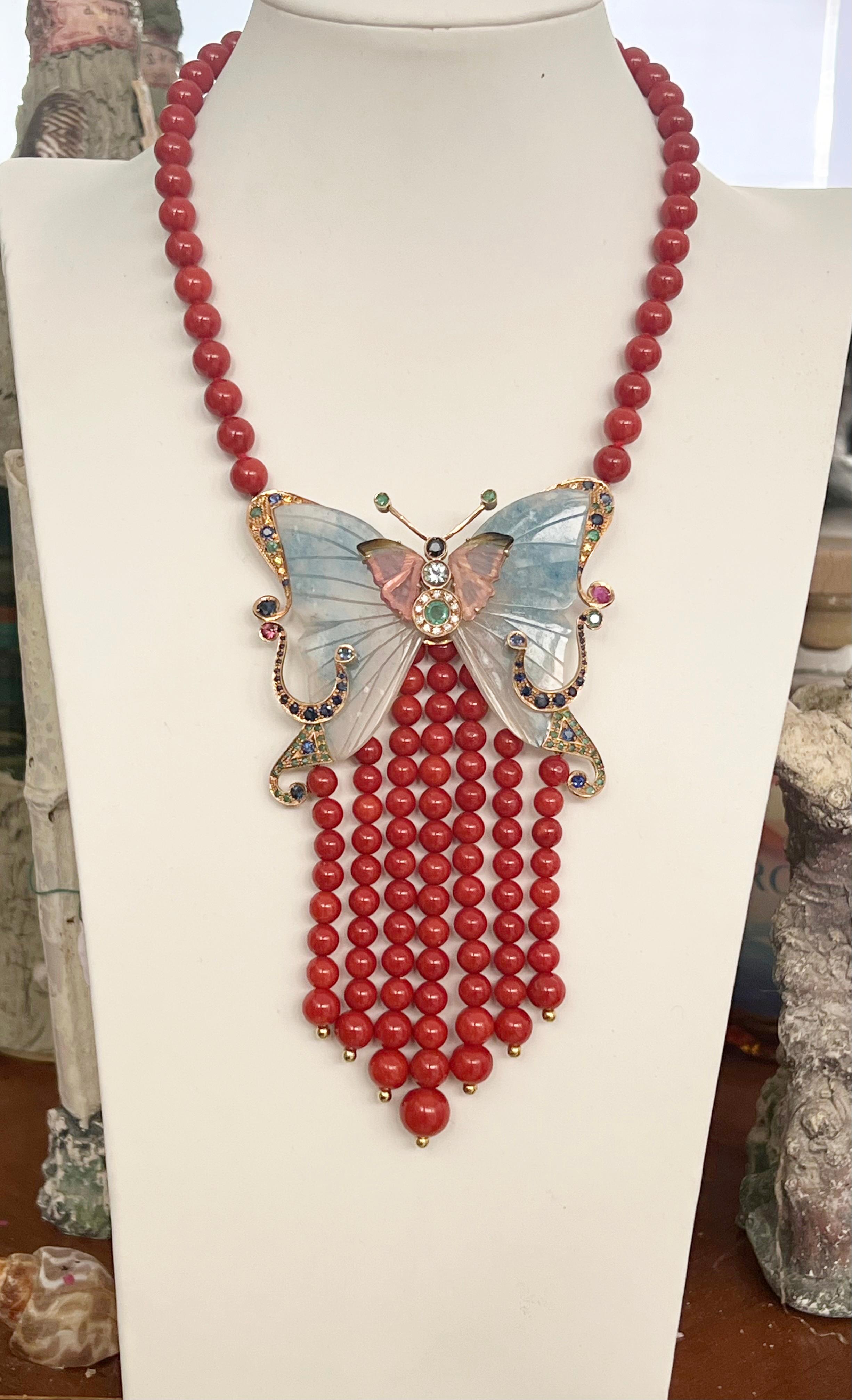 Collier pendentif en or jaune 14 carats corail saphirs tourmaline émeraudes rubis en vente 3