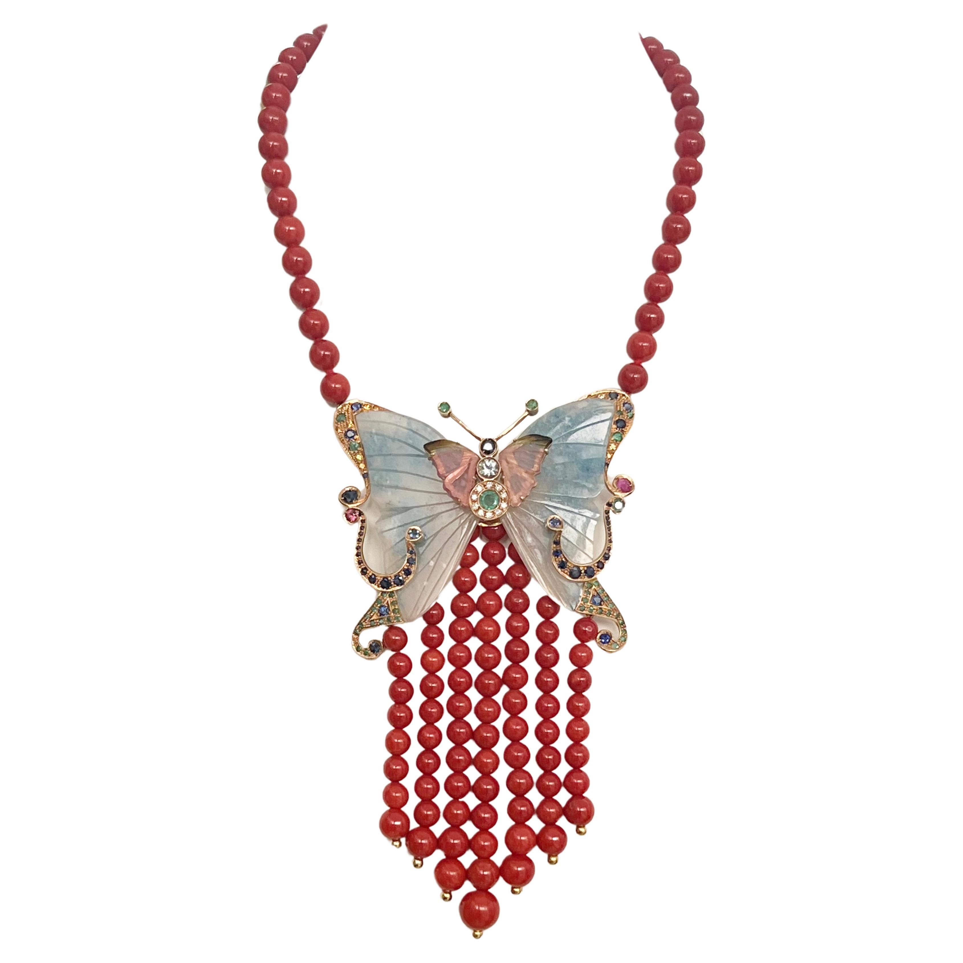 Coral Sapphires Tourmaline Emeralds Ruby 14 Karat Yellow Gold Pendant Necklace