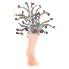 Coral Sapphires Yellow Gold 14 Karat Brooch