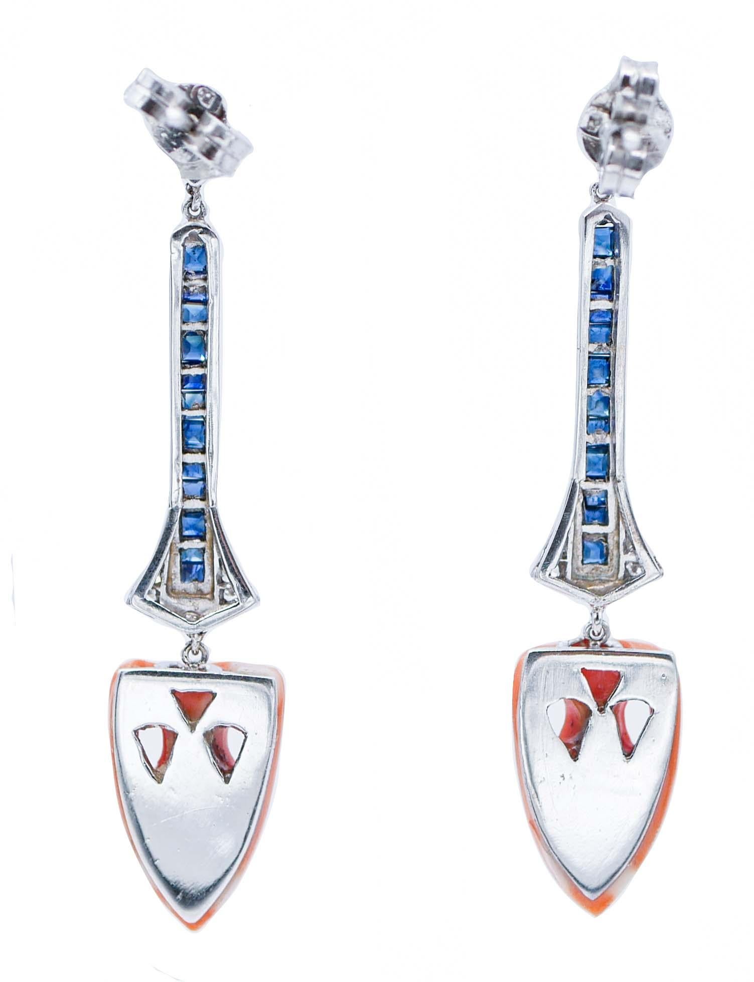 Retro Coral, Sapphires, Diamonds, Platinum Dangle Earrings For Sale