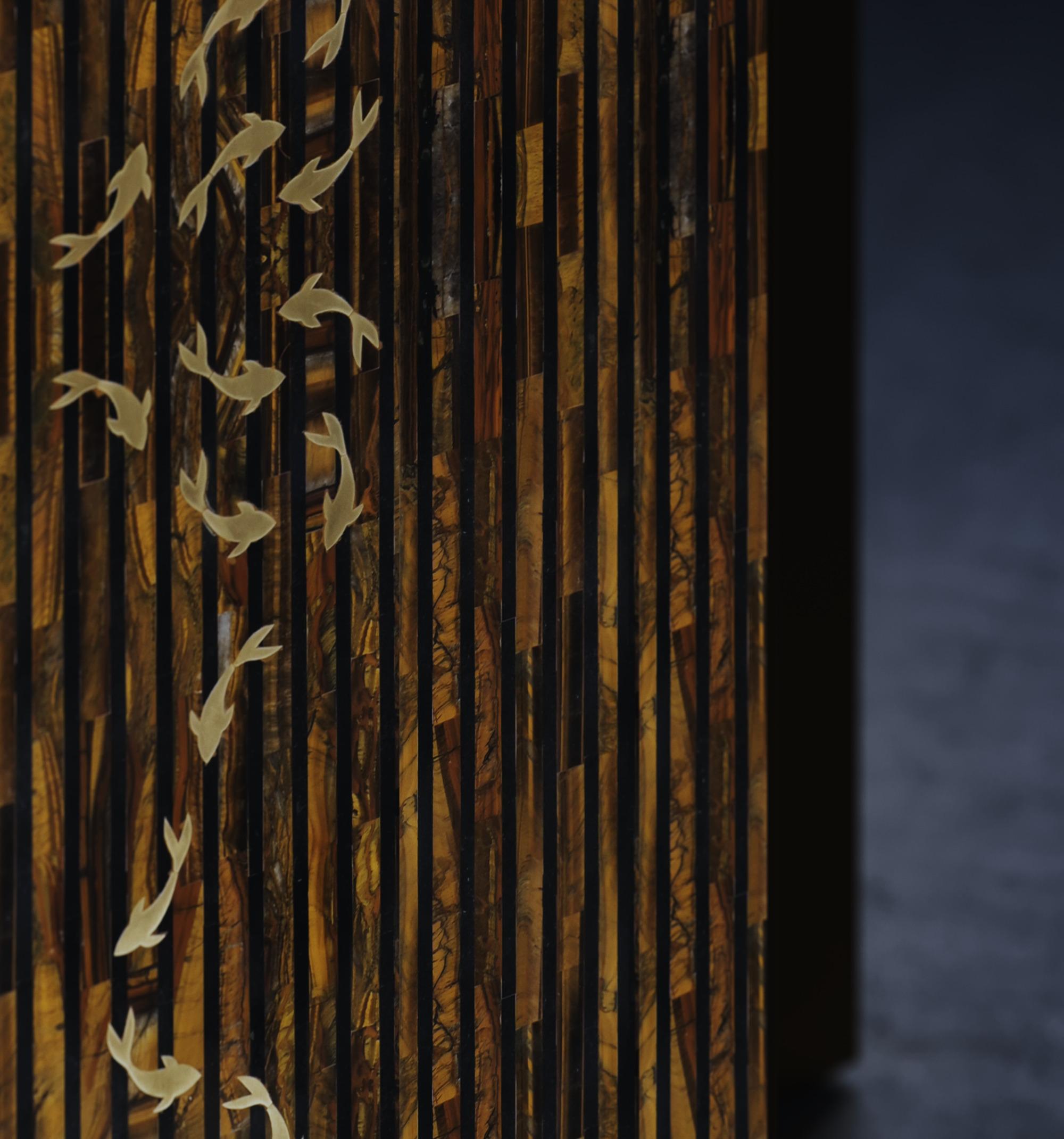 Art Deco Coral Screen In Tiger Eye Stone With Brass Inlay Accent For Sale