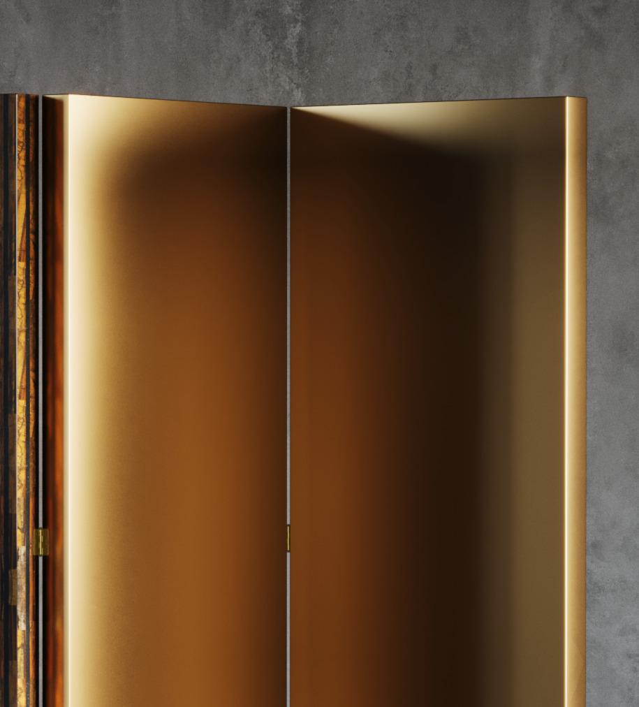 Indian Coral Screen In Tiger Eye Stone With Brass Inlay Accent For Sale