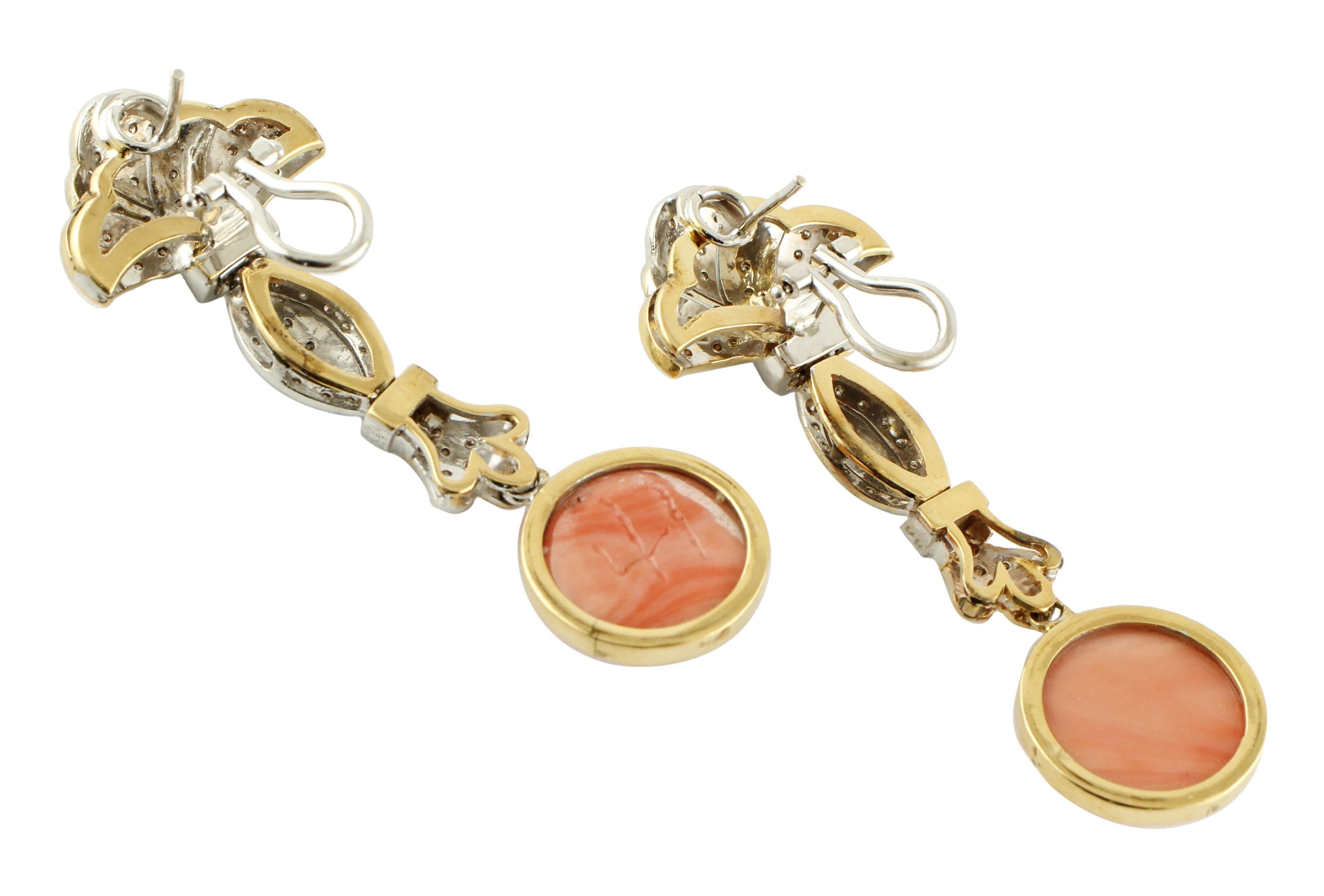 Women's Coral Secundum, Diamonds, White and Yellow Gold, Retro Dagling Earrings