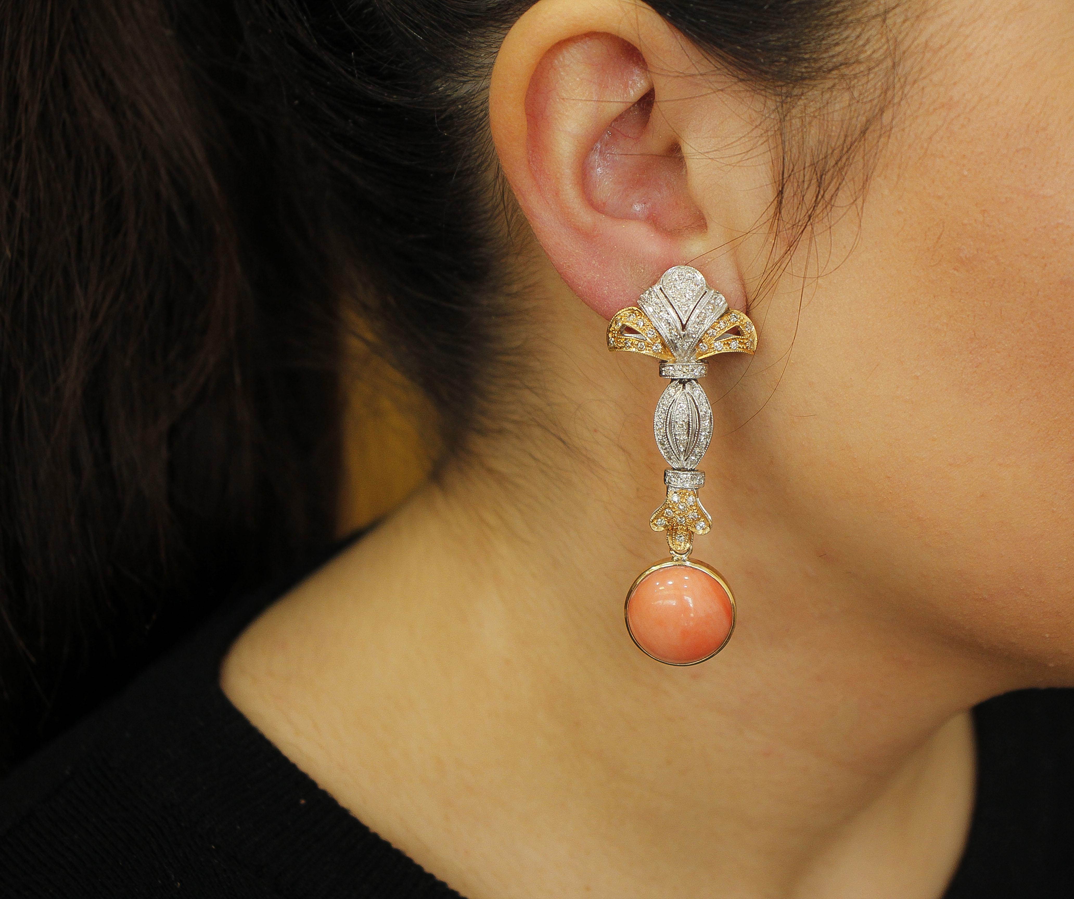 Coral Secundum, Diamonds, White and Yellow Gold, Retro Dagling Earrings 2