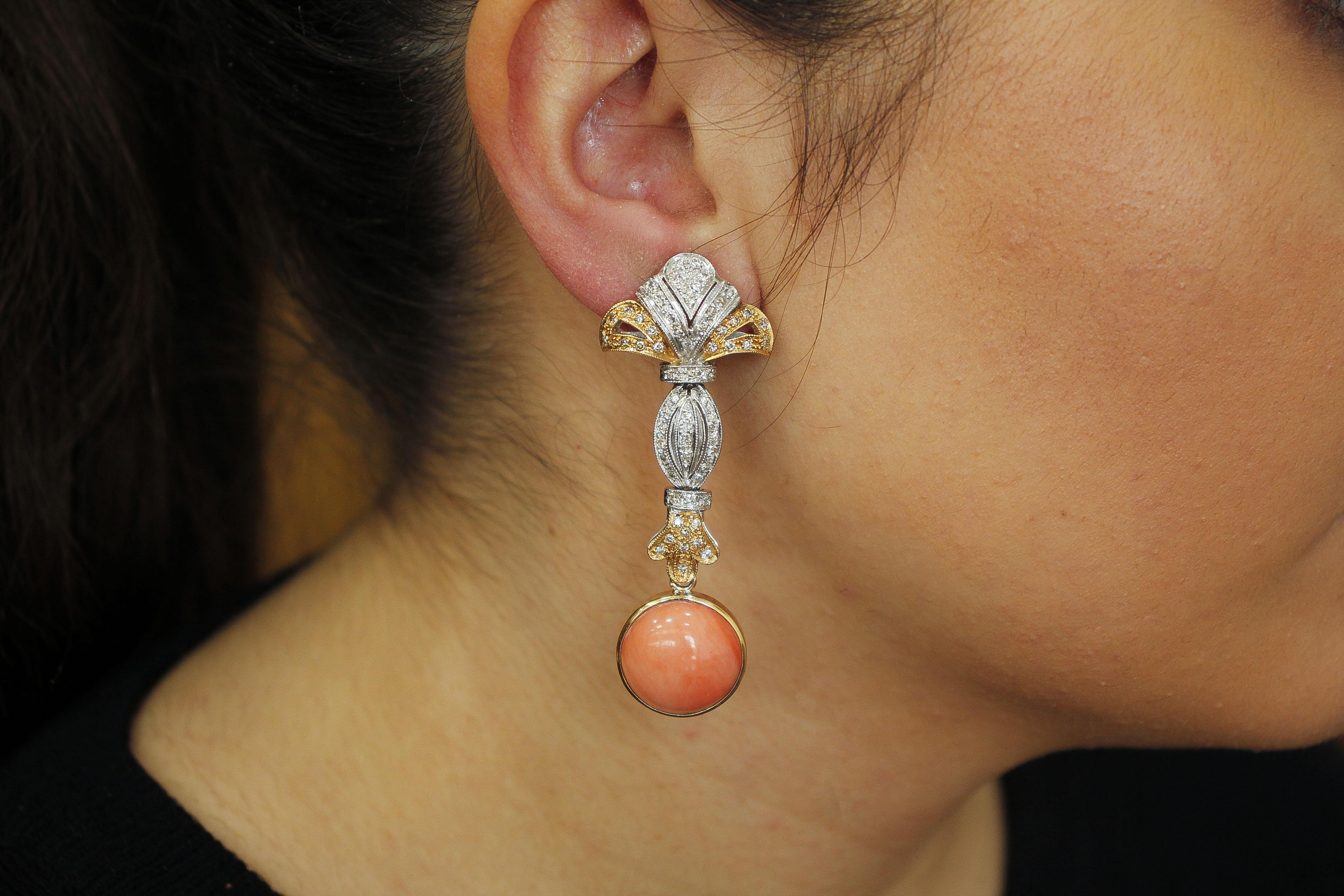 Coral Secundum, Diamonds, White and Yellow Gold, Retro Dagling Earrings 3