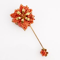 Coral Seed Bead Floral Stick Pin By Stanley Hagler, 1950s