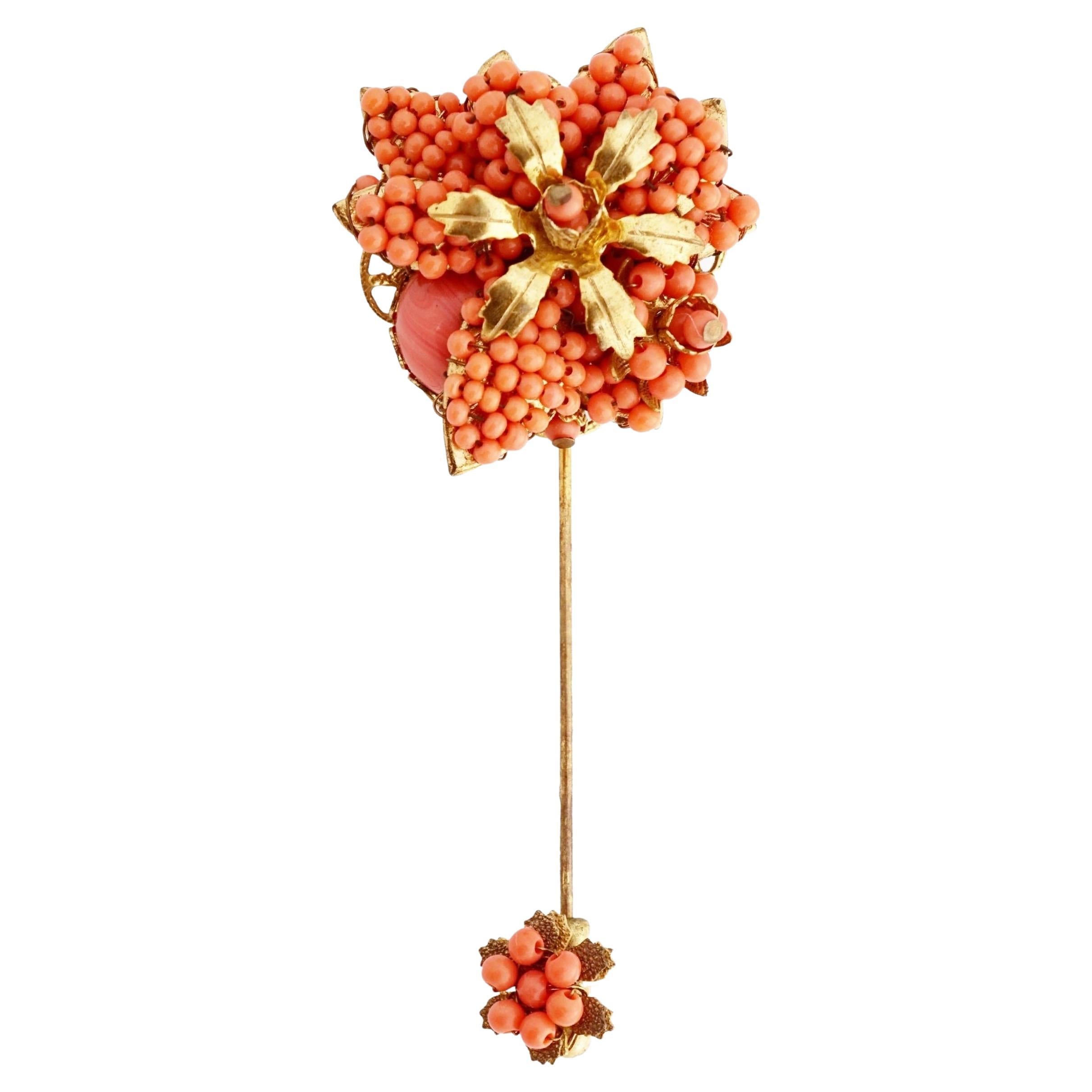 Coral Seed Bead Floral Stick Pin By Stanley Hagler, 1950s