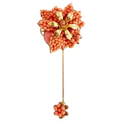 Vintage Coral Seed Bead Floral Stick Pin By Stanley Hagler, 1950s