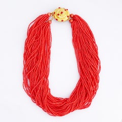 Coral Seed Bead Multi-Strand Necklace With Seashell Clasp By Carolee, 1980s