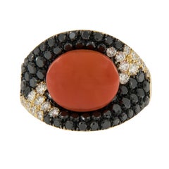 Coral Set with Black/White Diamonds 18 Karat Yellow Gold Ring Made in Italy