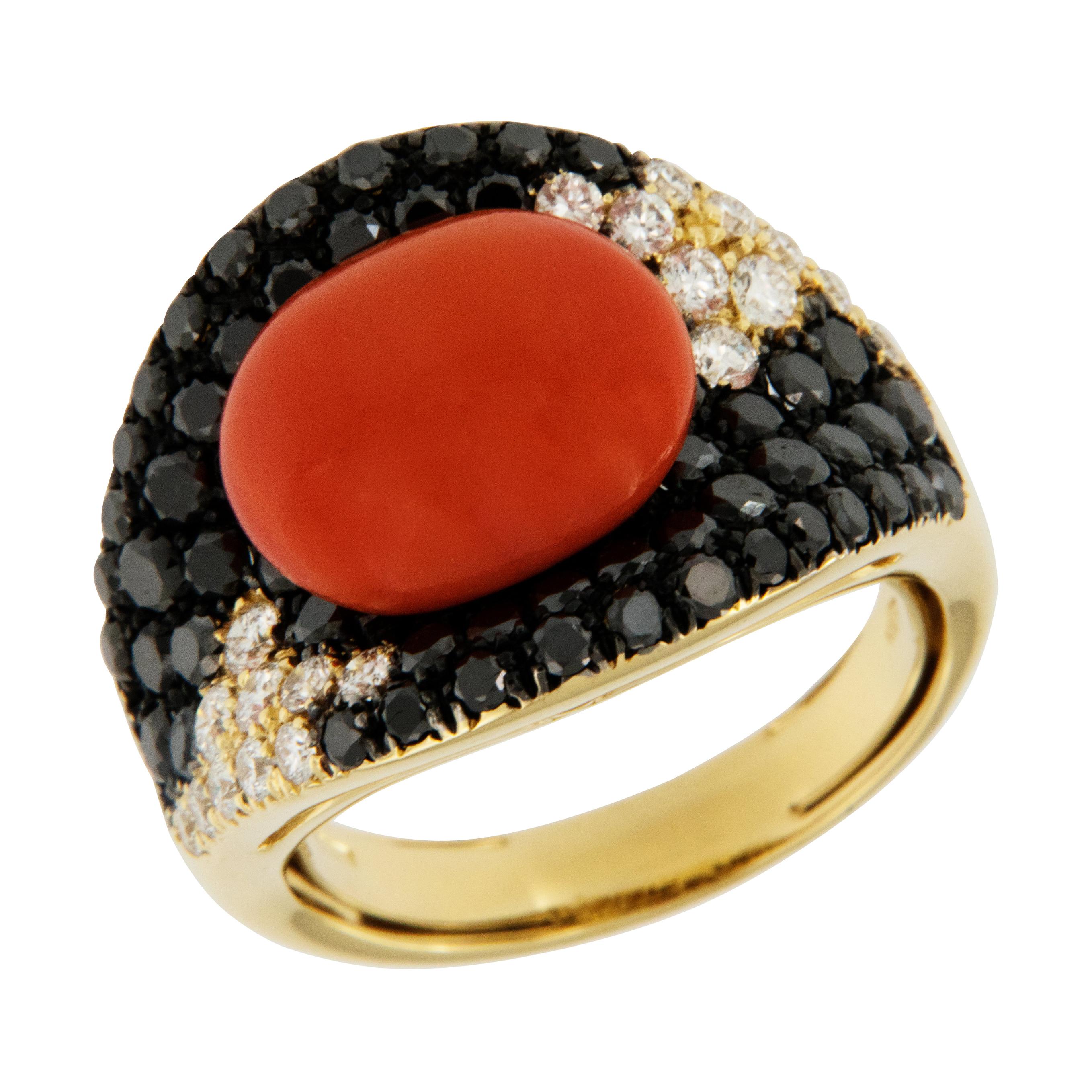 Coral Set with Black/White Diamonds 18 Karat Yellow Gold Ring Made in Italy