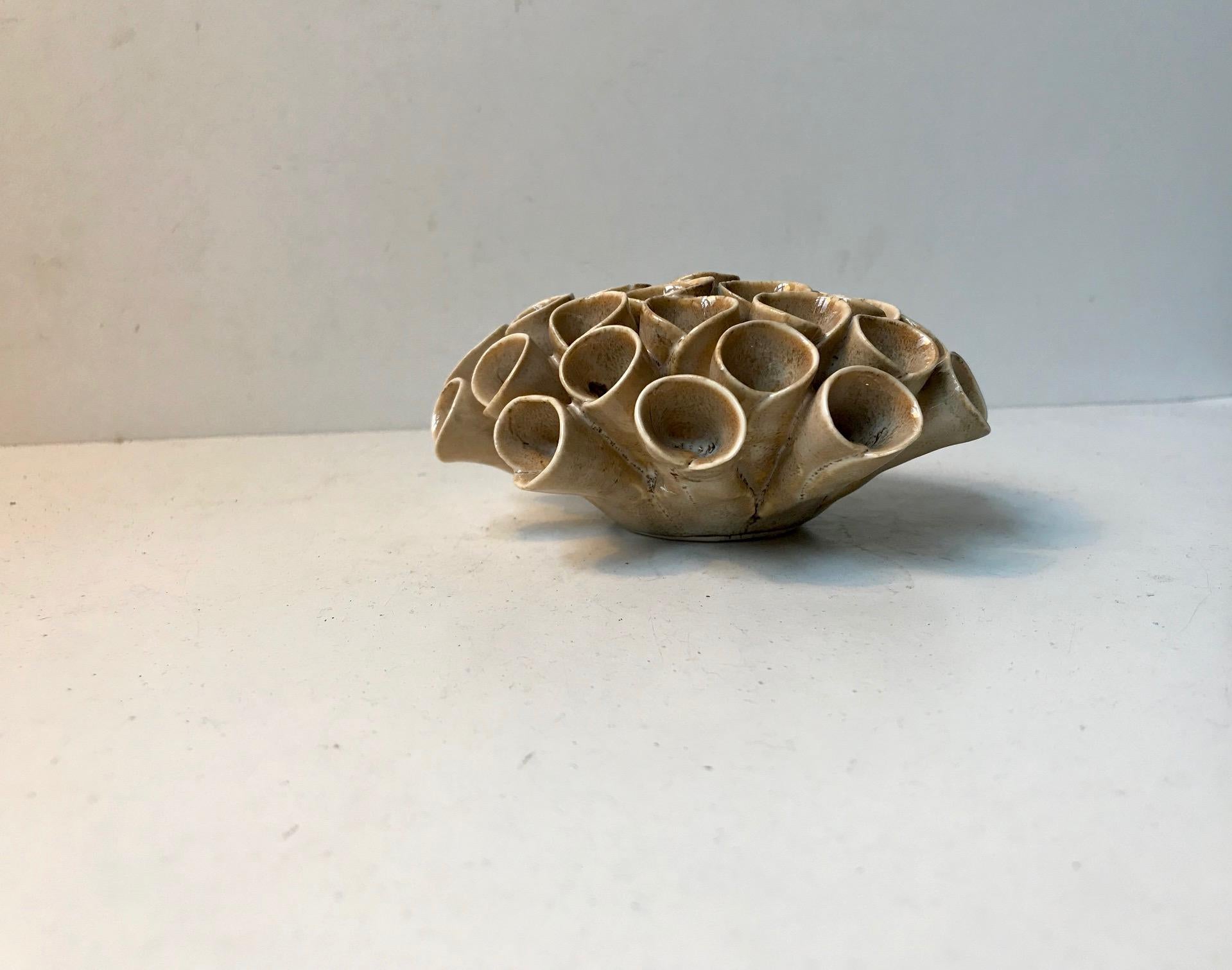 Complicated clay work controlling these fragile coral 'tentacles'. An unusual Danish vase with applied natural colored glazed. LEI - unidentified Danish ceramist, circa 1980.