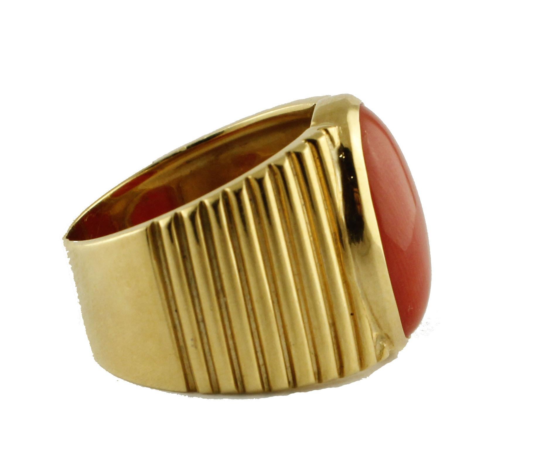 Simple in its shape this signet ring is also composed simply with a central oval coral, mounted on 18 Kt yellow gold.
Ring Size: ITA 13 - French 53 - US 6.5 - UK N
Tot weight 12.7 gr
Coral 1.80 gr

Rf. uagh

We hereby inform our customers that in