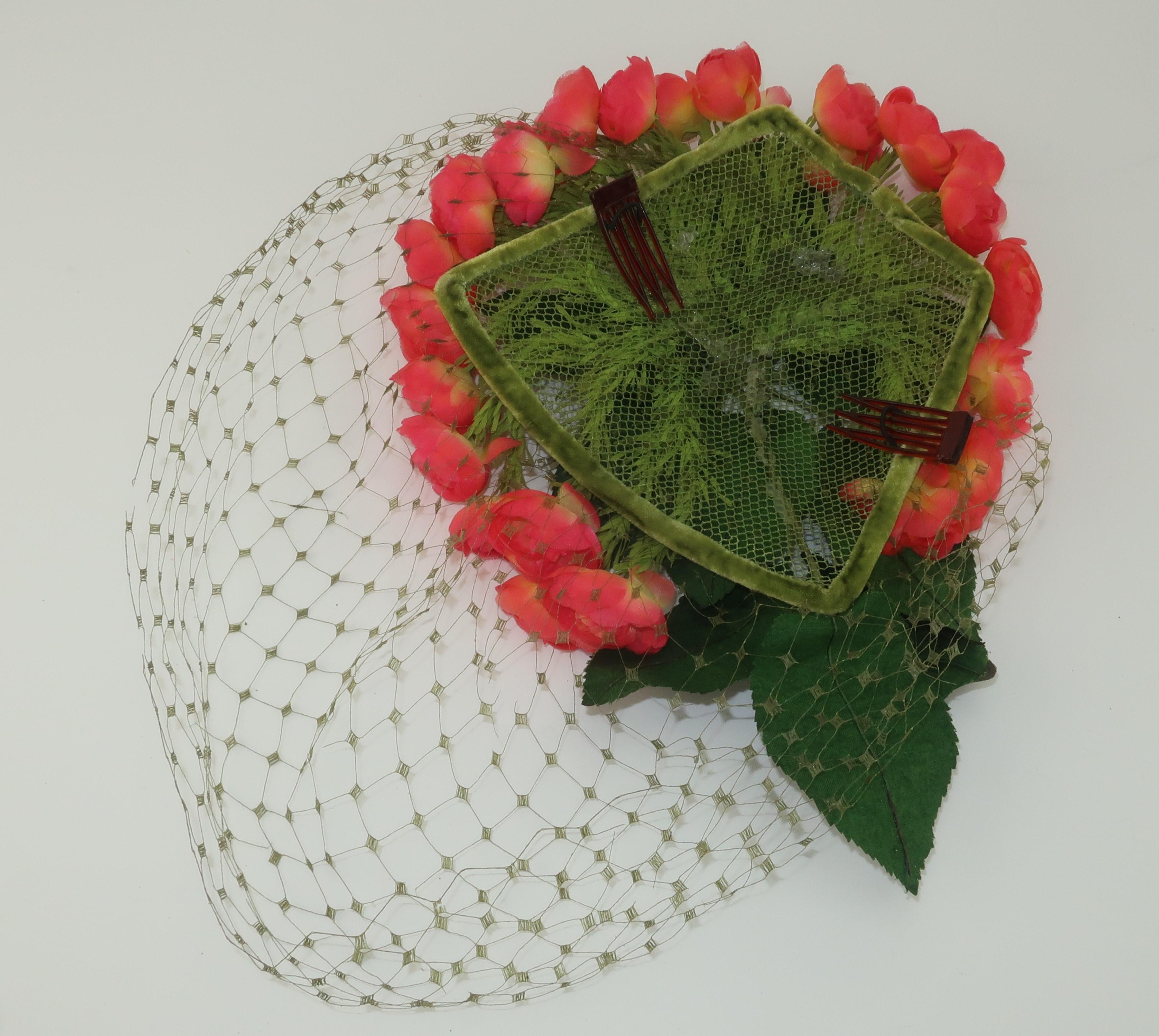 Coral Silk Flower Fascinator Hat, 1950's For Sale 1