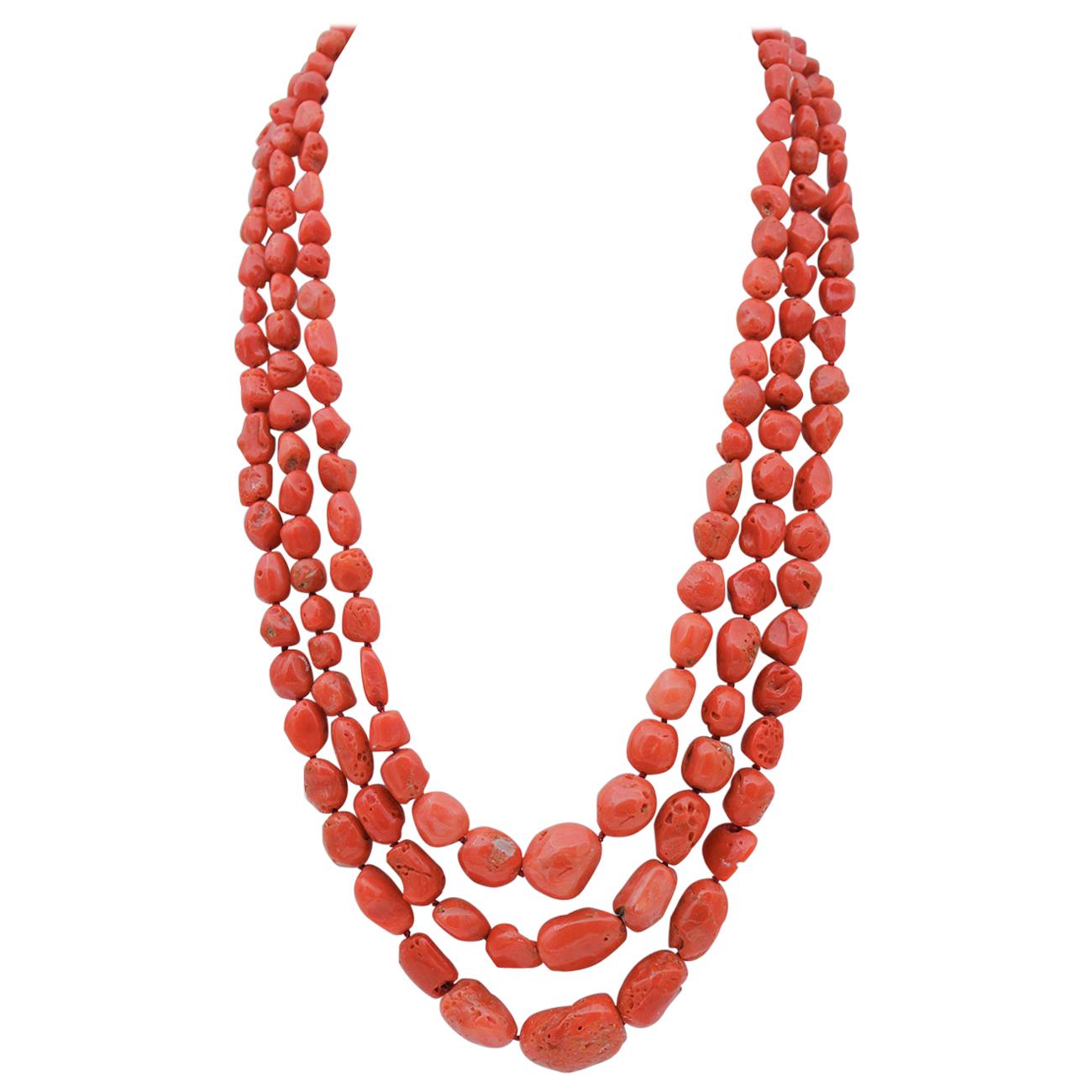 Coral, Silver Closure Multi-Strands Necklace