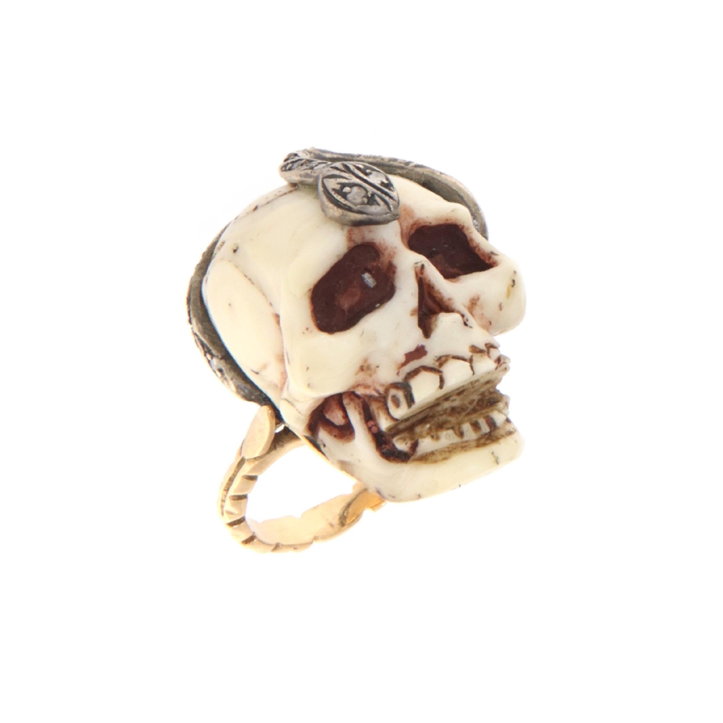 Coral Skull Diamonds 14 Karat Yellow Gold Cocktail Ring For Sale 2