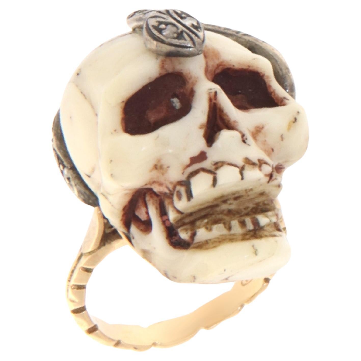 Coral Skull Diamonds 14 Karat Yellow Gold Cocktail Ring For Sale