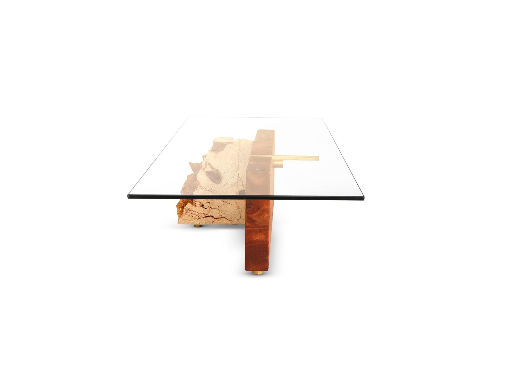 Coral Slab with Quartz Particles, Brass and Mahogany Block Coffee-Center Table For Sale 4