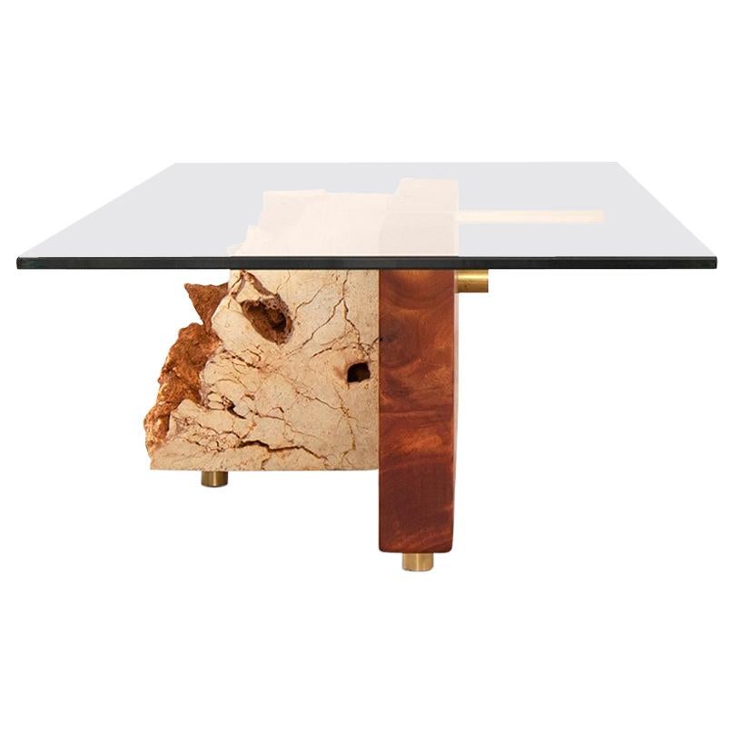 Coral Slab with Quartz Particles, Brass and Mahogany Block Coffee-Center Table For Sale