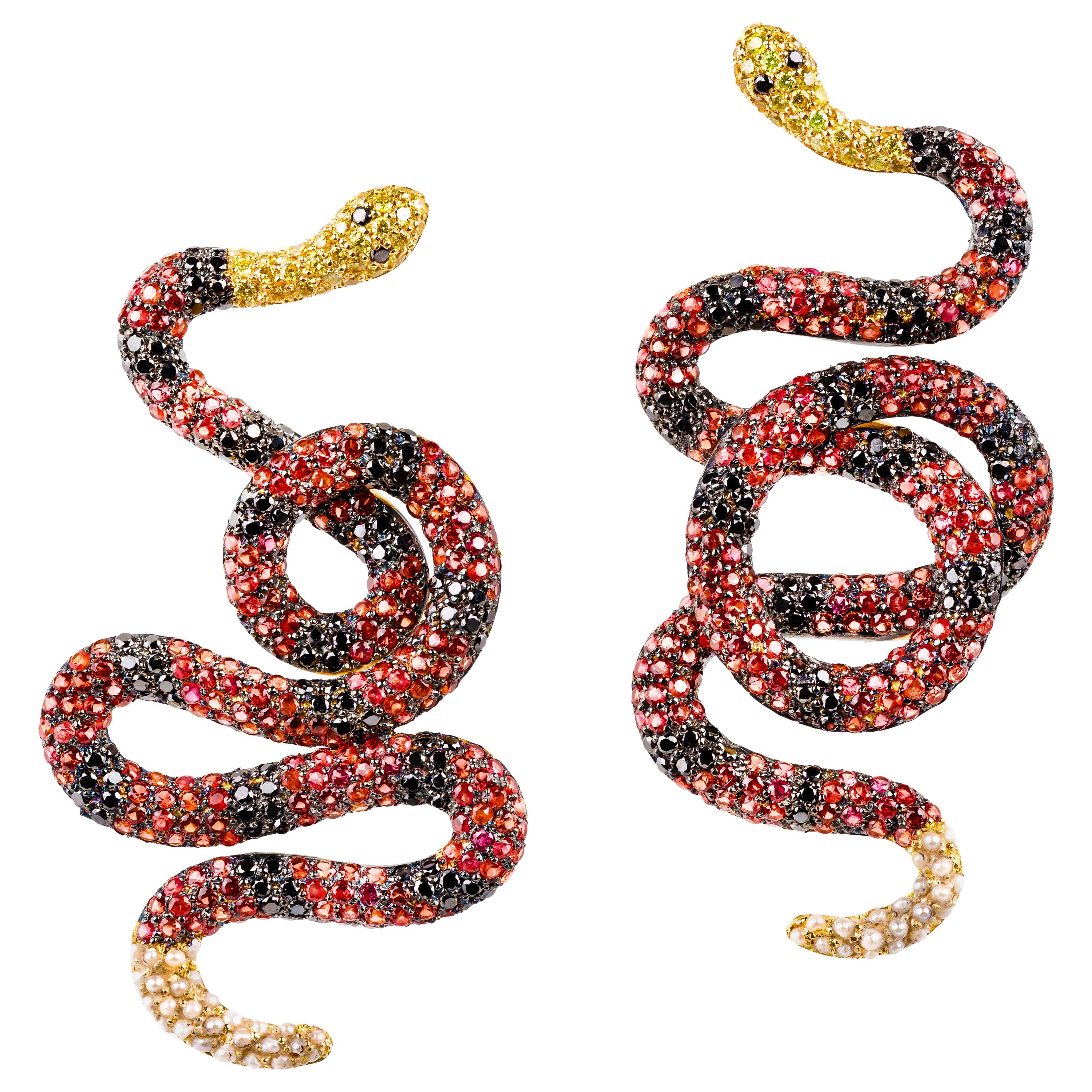 “Coral Snake" Drop Earrings in 19.2 Karat Yellow Gold, Diamonds and Sapphires