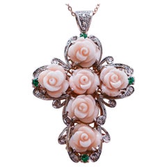Coral, Spinel, Diamonds, Rose Gold and Silver Cross Pendant Necklace.