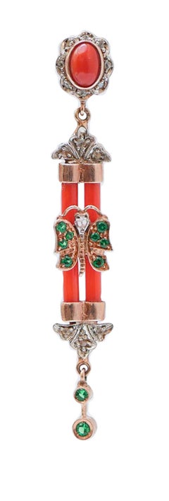 Coral, Spinel, Diamonds, Rose Gold and Silver Earrings.