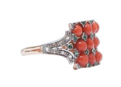 Coral, Spinel, Diamonds, Rose Gold and Silver Ring.