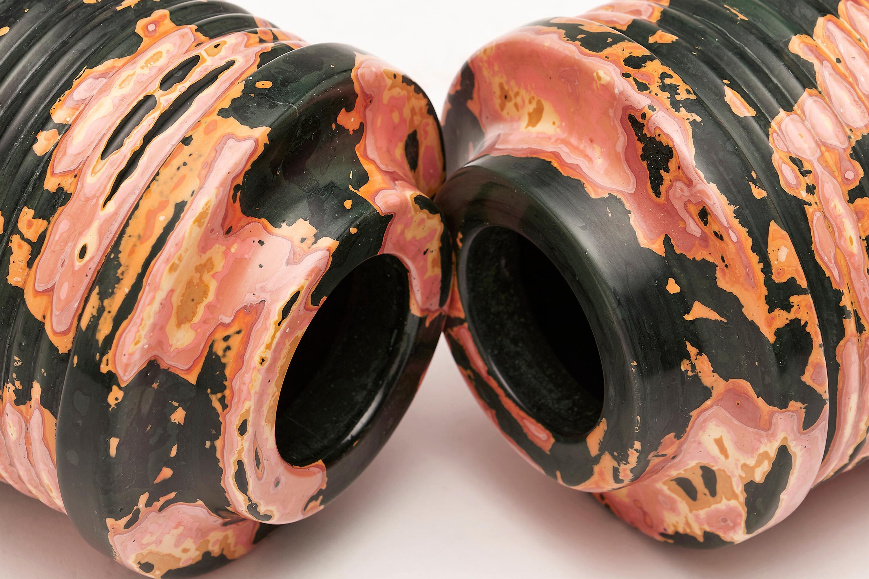 Polished Coral Stone, Pair of Vases / Vessels in Pink, Orange & Green by Nic Parnell For Sale