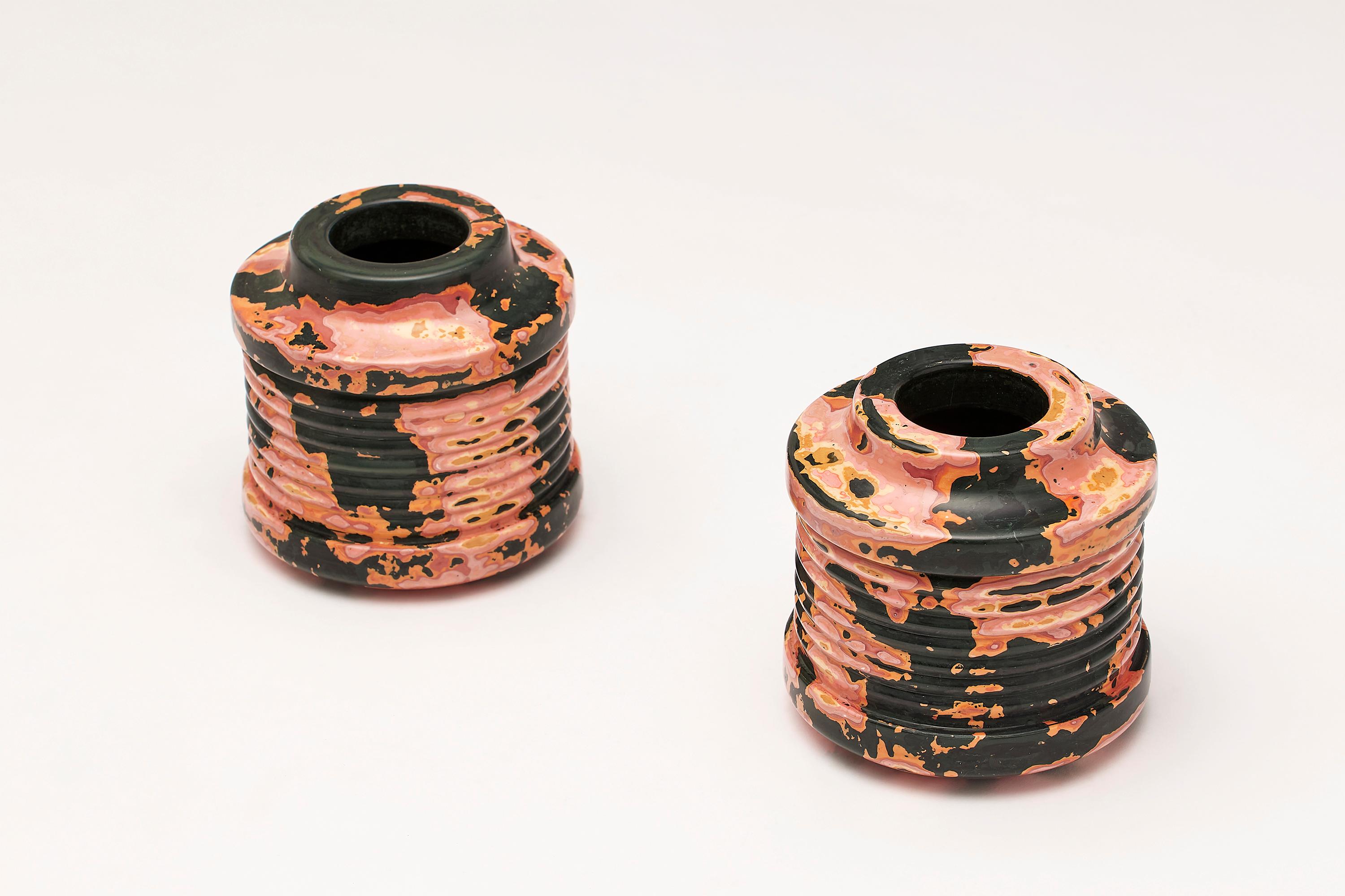 Contemporary Coral Stone, Pair of Vases / Vessels in Pink, Orange & Green by Nic Parnell For Sale