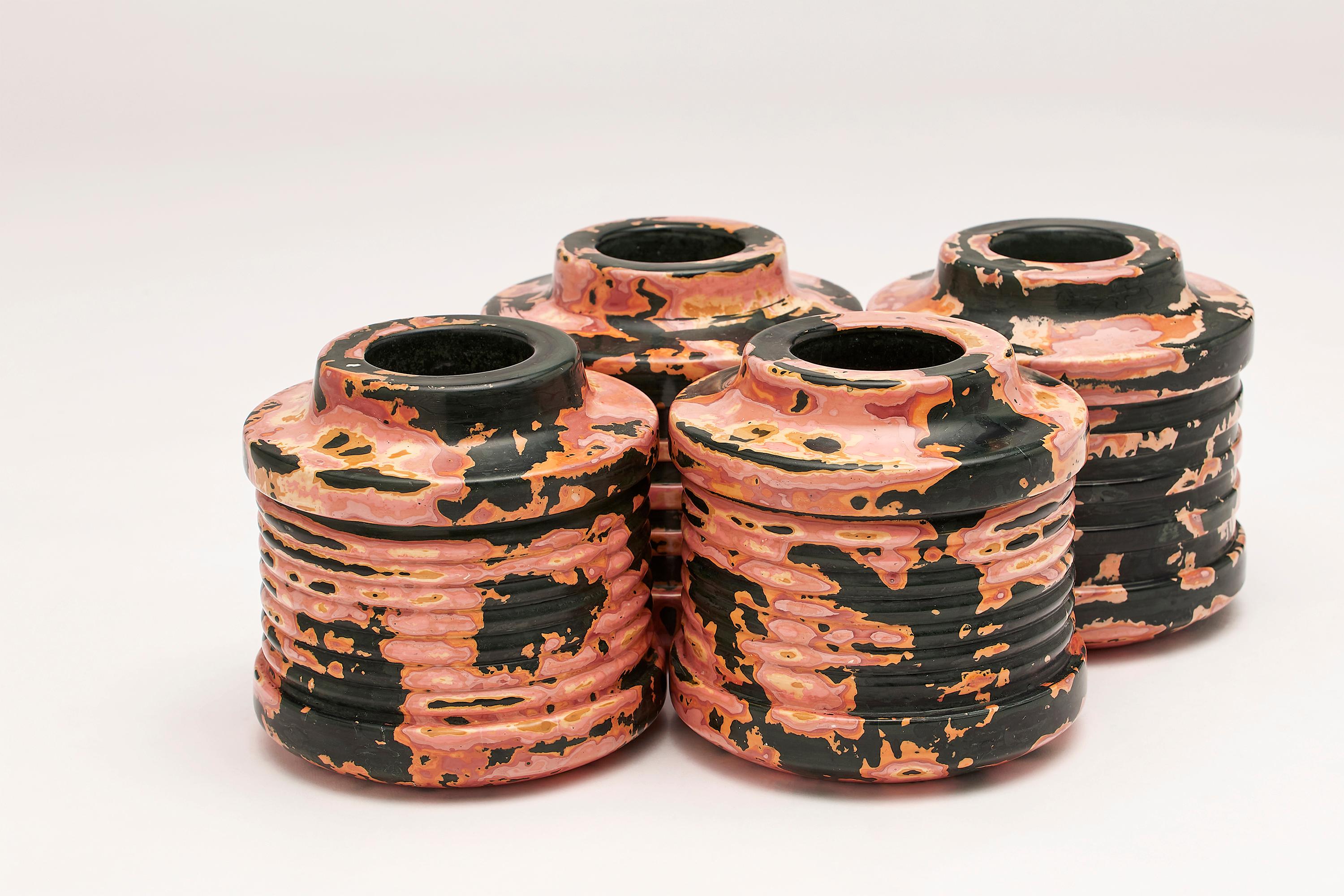 Acrylic Coral Stone, Pair of Vases / Vessels in Pink, Orange & Green by Nic Parnell For Sale