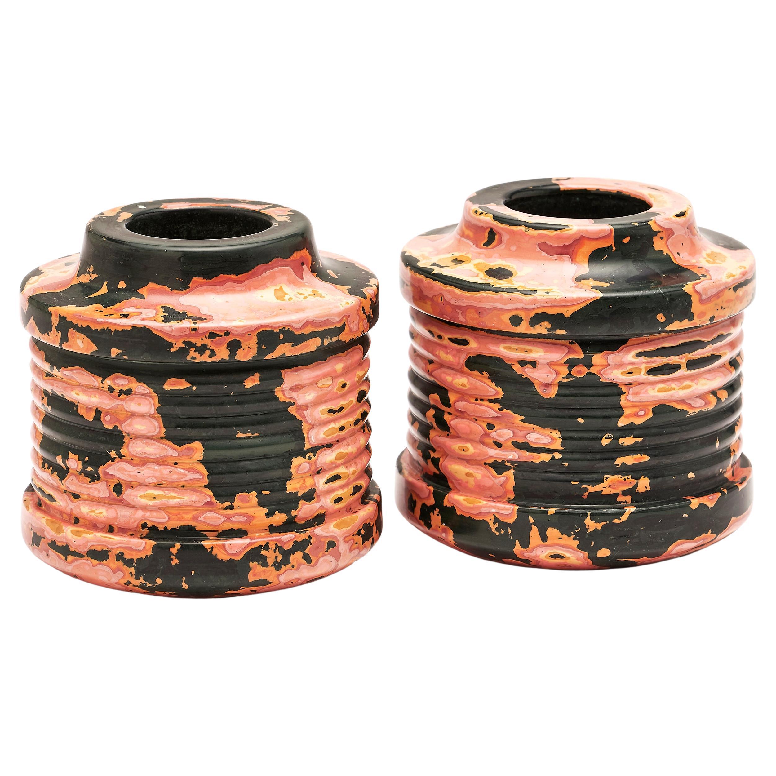 Coral Stone, Pair of Vases / Vessels in Pink, Orange & Green by Nic Parnell