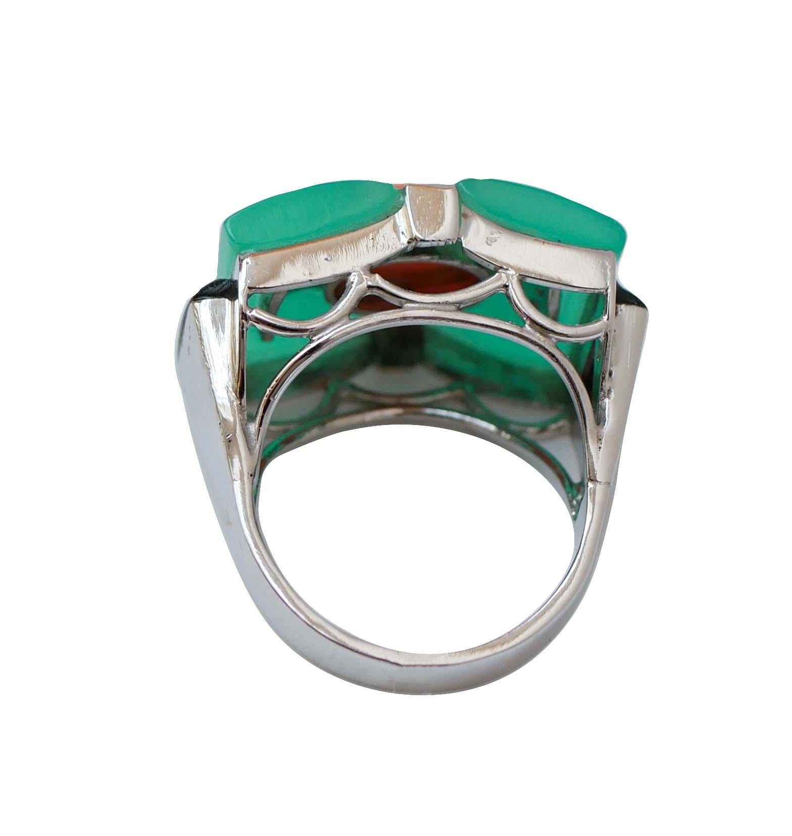 Retro Coral, Stones, Onyx, Diamonds, Platinum Ring.