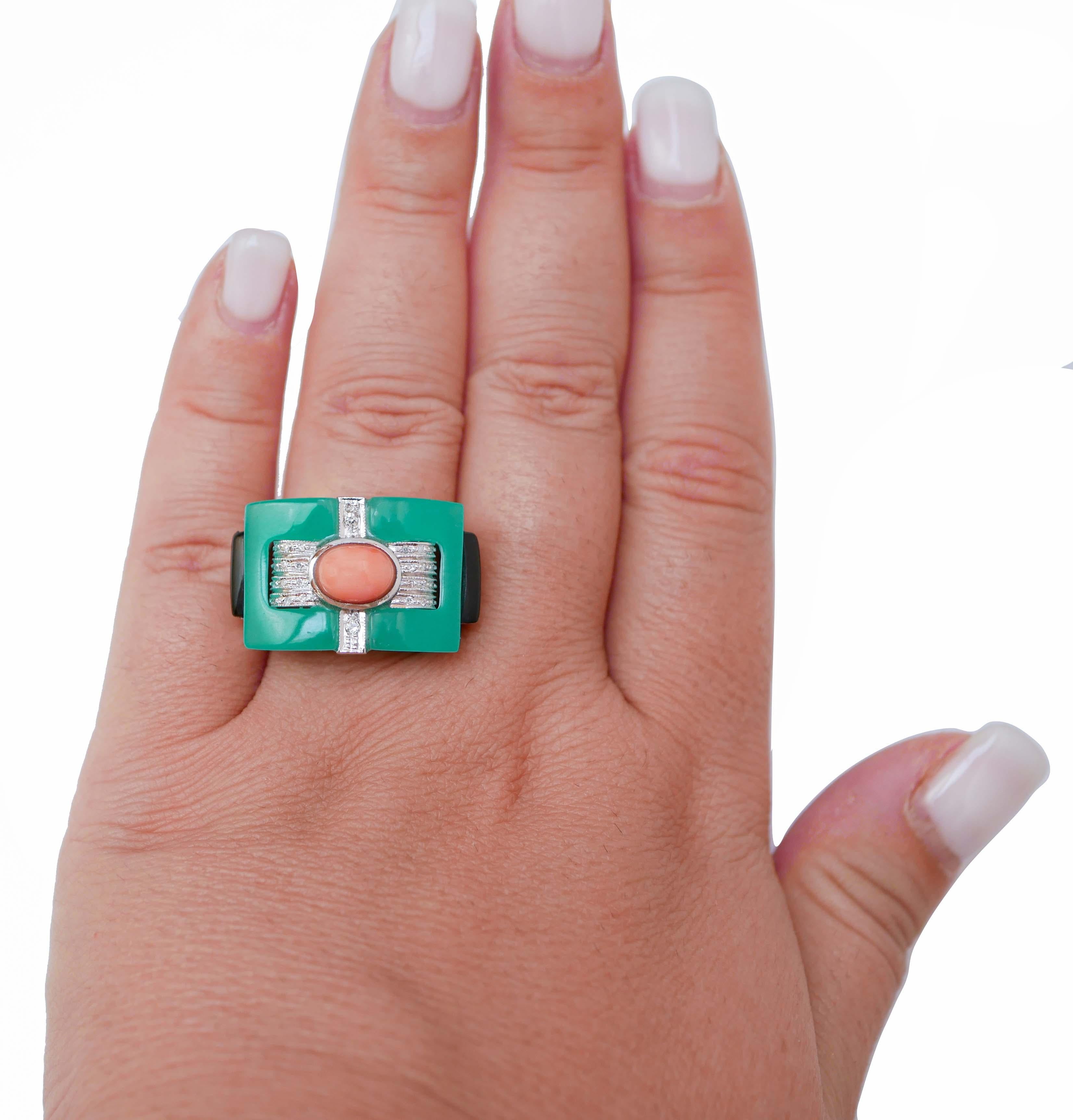 Mixed Cut Coral, Stones, Onyx, Diamonds, Platinum Ring.