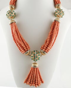 Diamonds, Emeralds, Orange Beaded Rows Coral, Gold Multi-Strand/Beaded Necklace