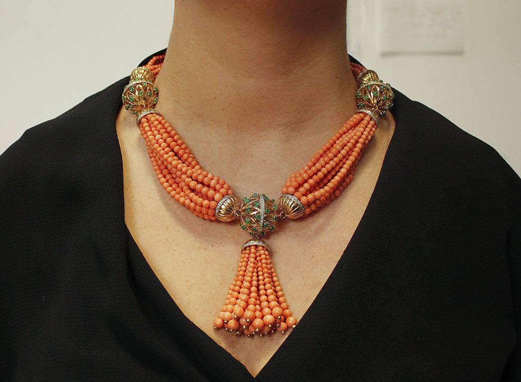 Diamonds, Emeralds, Orange Beaded Rows Coral, Gold Multi-Strand/Beaded Necklace 1